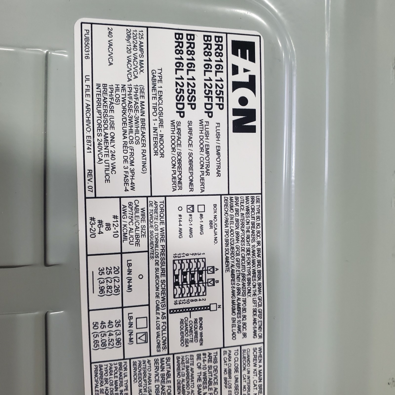 Eaton BR816L125FDP Eaton Indoor Main Lug 125A 8-Spaces 16-Circuits