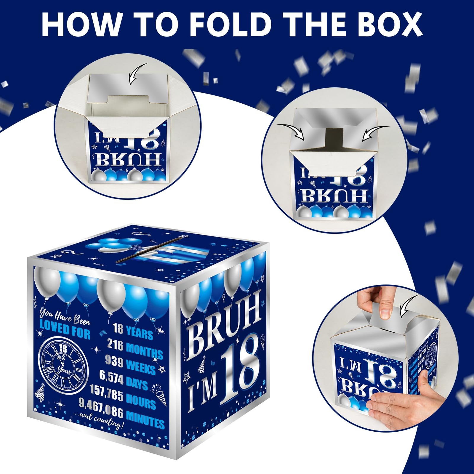 Blue Silver Happy 18th Birthday Party Decorations Money Gift Box with Card