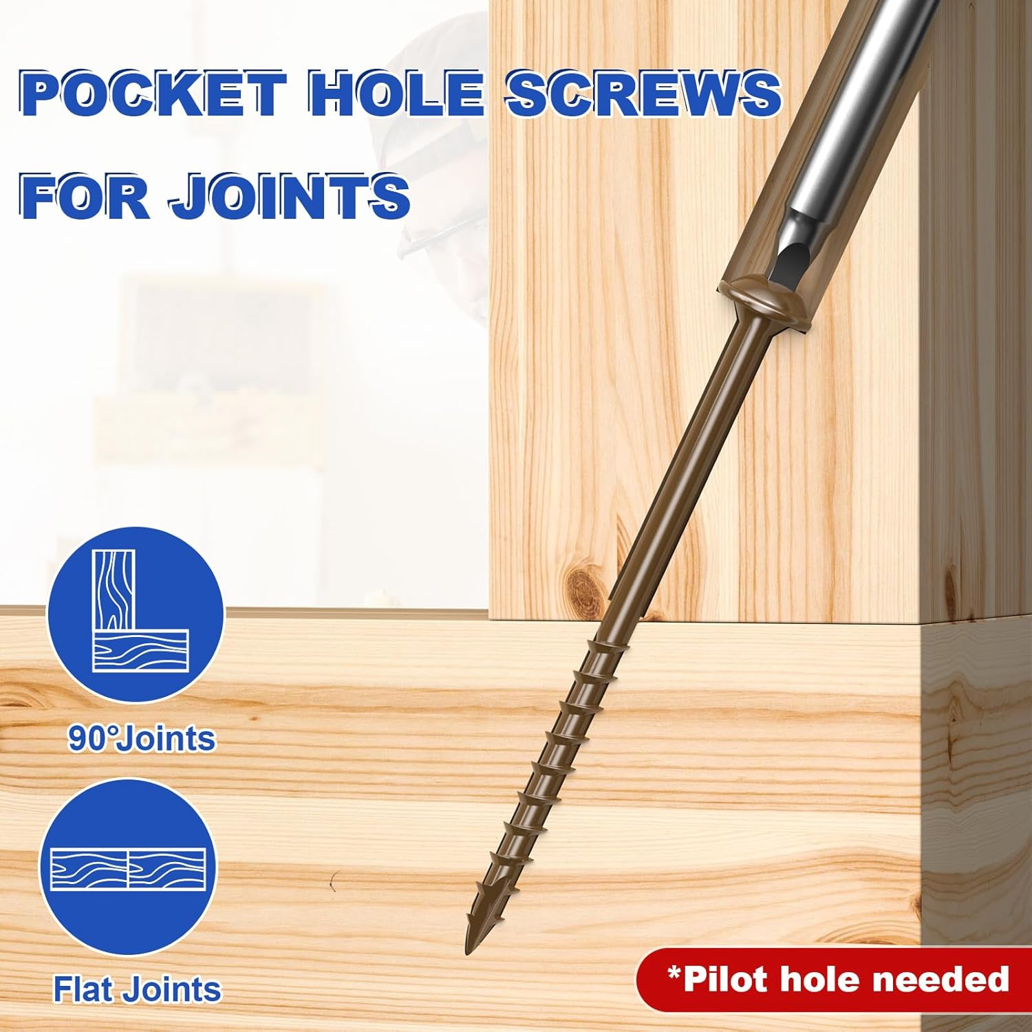 #8 Pocket Hole Screws 2-1/2 Inch, 100Pcs Coarse Thread Wood Screws, Square Drive