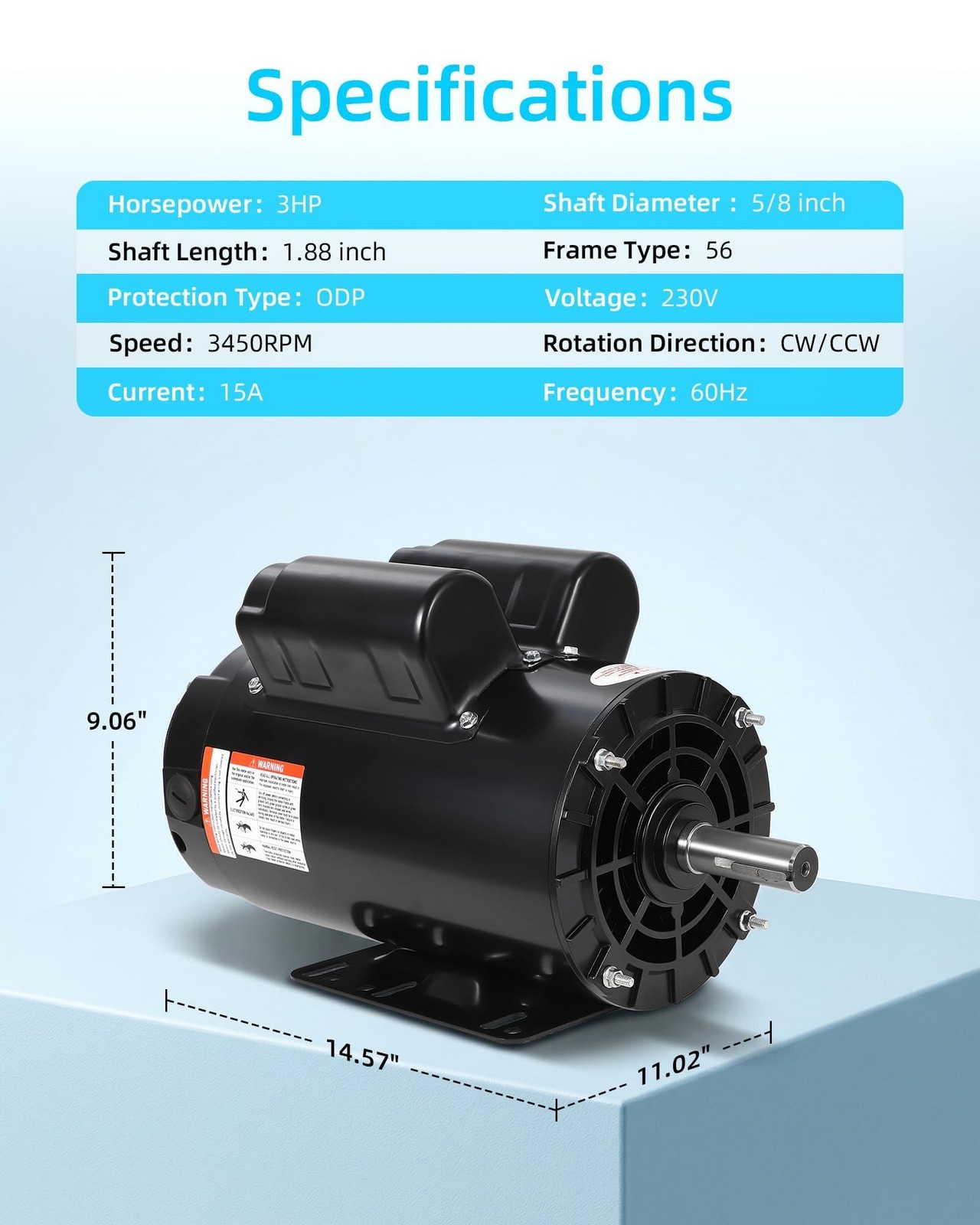 2/3/5 HP SPL Air Compressor Motor 230V 17.6A 56 Frame 3450RPM CW/CCW Rotation