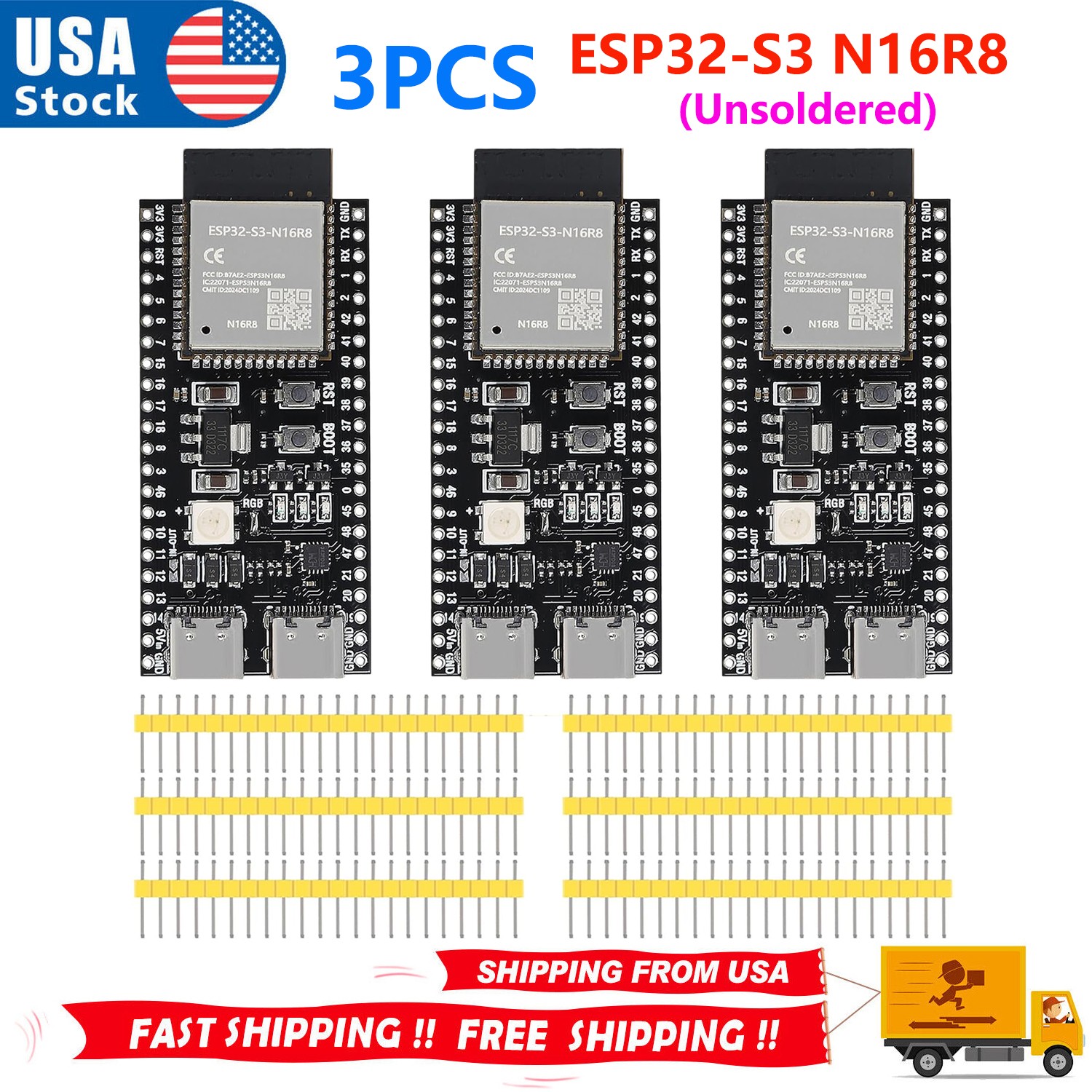 3PCS ESP32-S3 N16R8 Development Board Dual-Mode Type-C WIFI Bluetooth Unsoldered