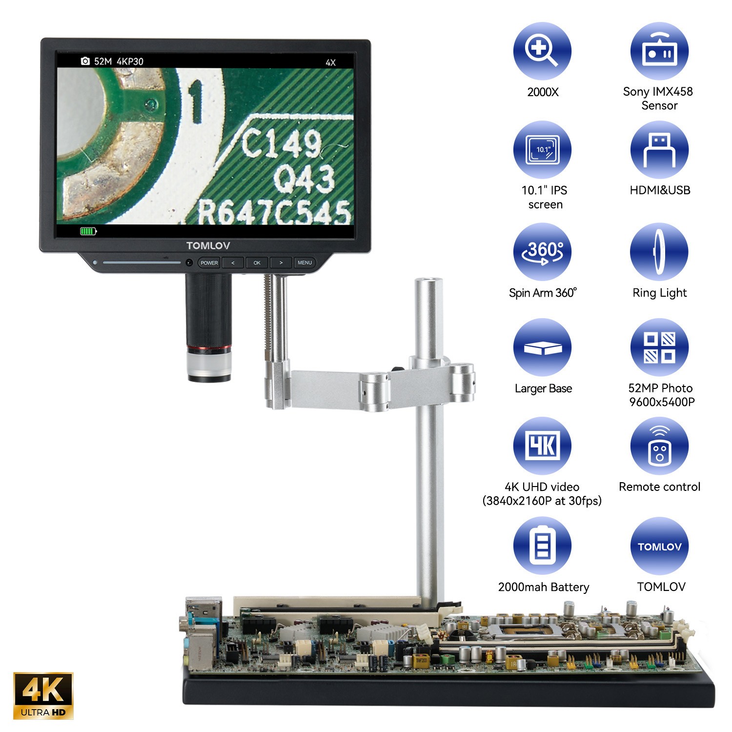 TOMLOV TM4K Max 4K Coin Microscope Sony IMX Sensor Digital Microscope 2000x Came