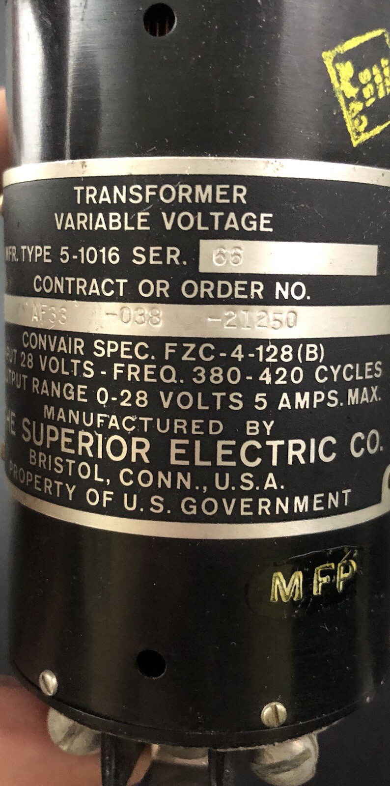SUPERIOR ELECTRIC TRANSFORMER FZC-4-128 VARIABLE VOLTAGE NFG. TYPE 5-1016 VE7