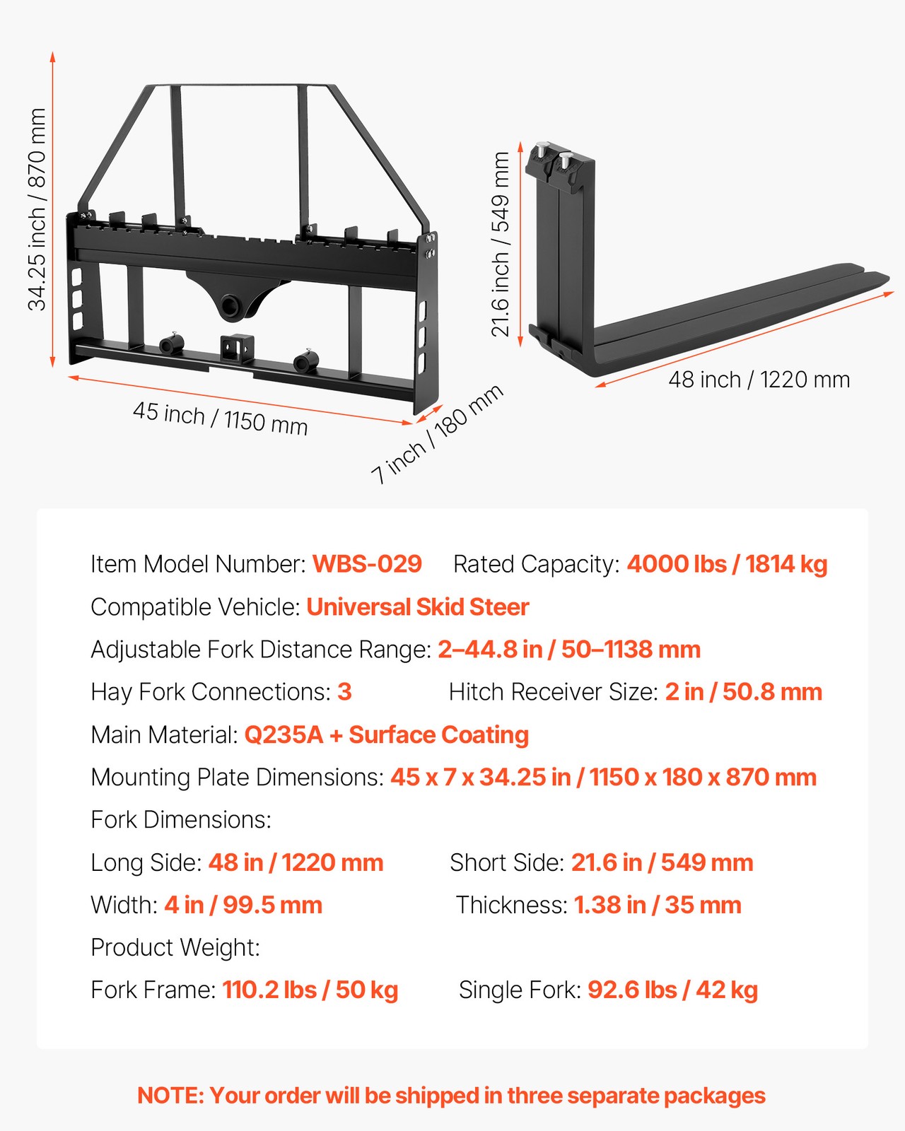 Uimoso Pallet Fork Frame Attachment with 48-inch Skid Steer Forks, 4000 lbs