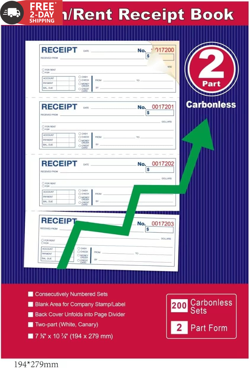 Money and Rent Receipt Book 2-Part Carbonless 7-5/8″ X 11″ Spiral Bound 200 Sets