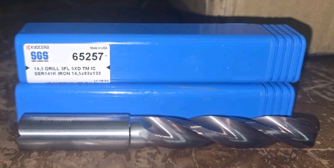 Kyocera/SGS 14.5mm 3 Flute Coolant Thru Carbide 5xd Drill 16mm Shank 65257