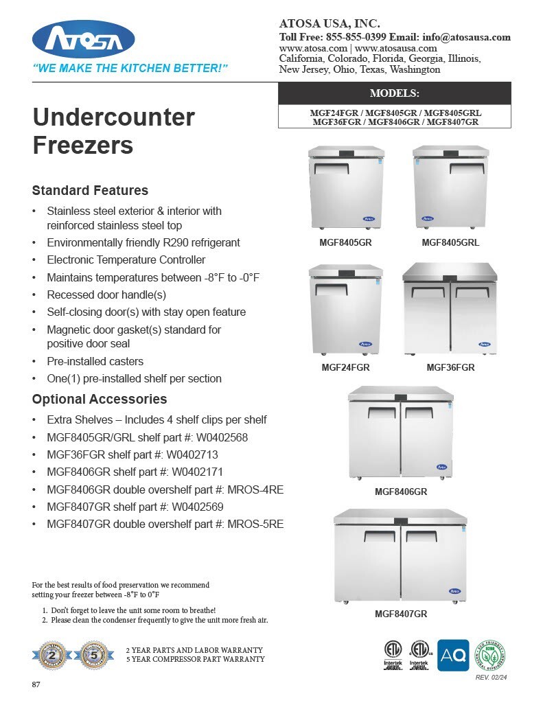 Atosa MGF24FGR, 1-Door UNDER COUNTER FREEZER