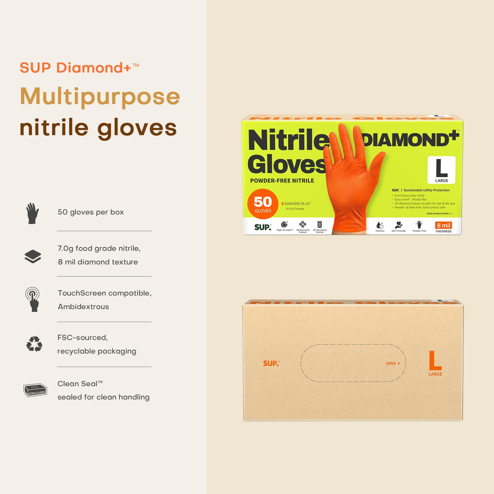 SUPER+ HEAVY DUTY Nitrile Gloves 8 Mil Diamond Texture Large, Large (Orange)