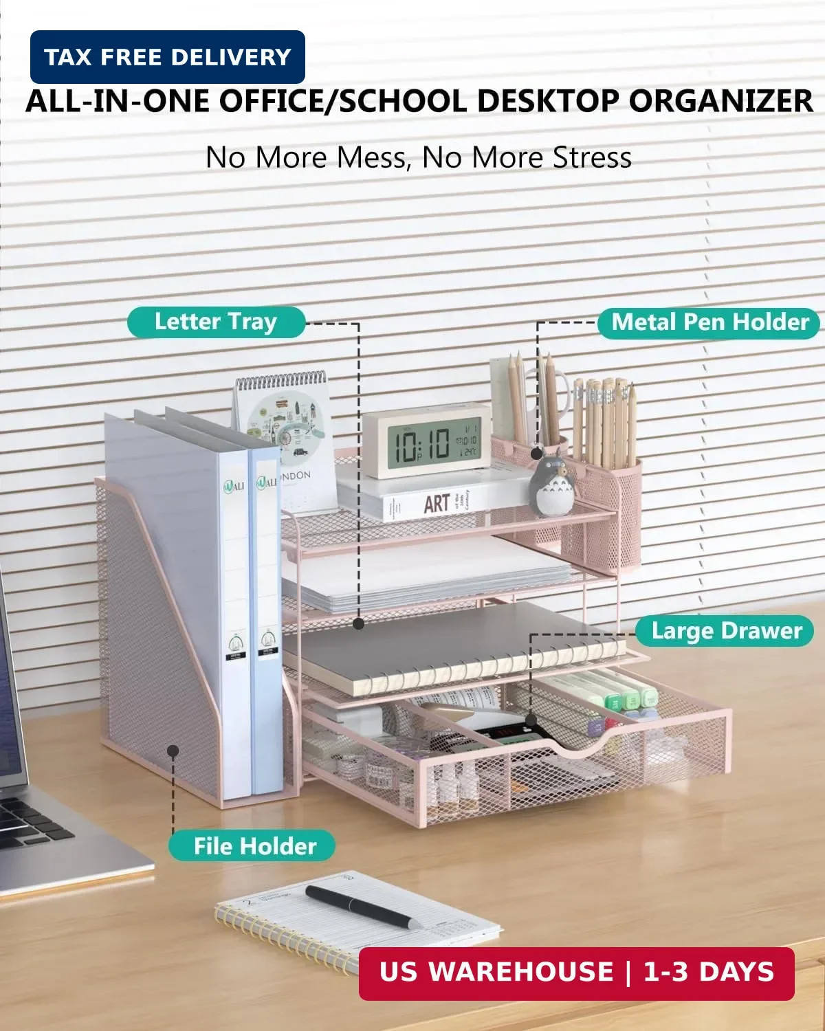 4 Tier Desktop File Organizer Letter Tray with Drawer Pen Holders Pink Office