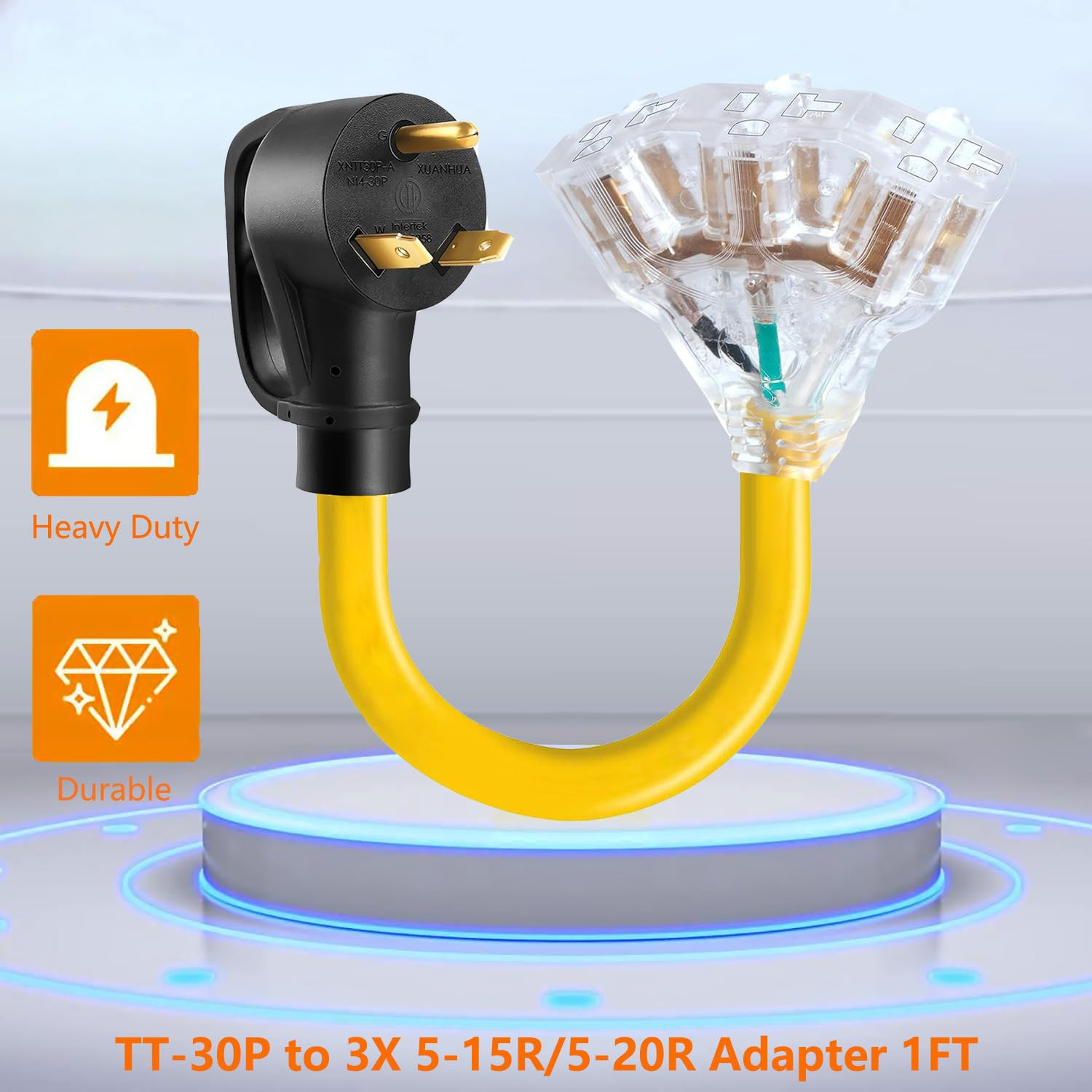 30 Amp to 20 Amp 110V RV Cord Distribution Plug Adapter, NEMA TT-30P to 3X 5-20R