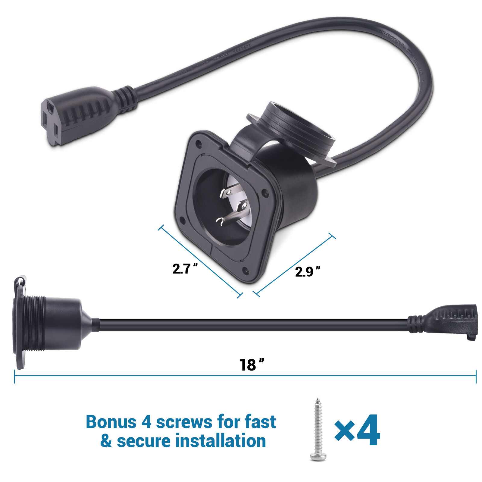 15 Amp 125V AC Port Plug Inlet Port 18″ Extension for Marine Boat RV Camper