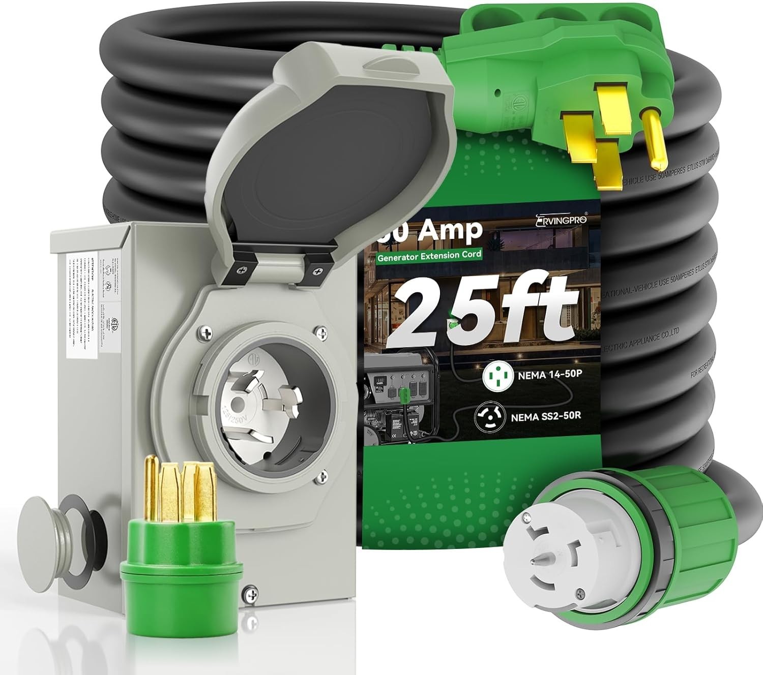50 Amp Generator Cord 25FT and Power Inlet Box Combo Kit – Pre-Drilled, Water…