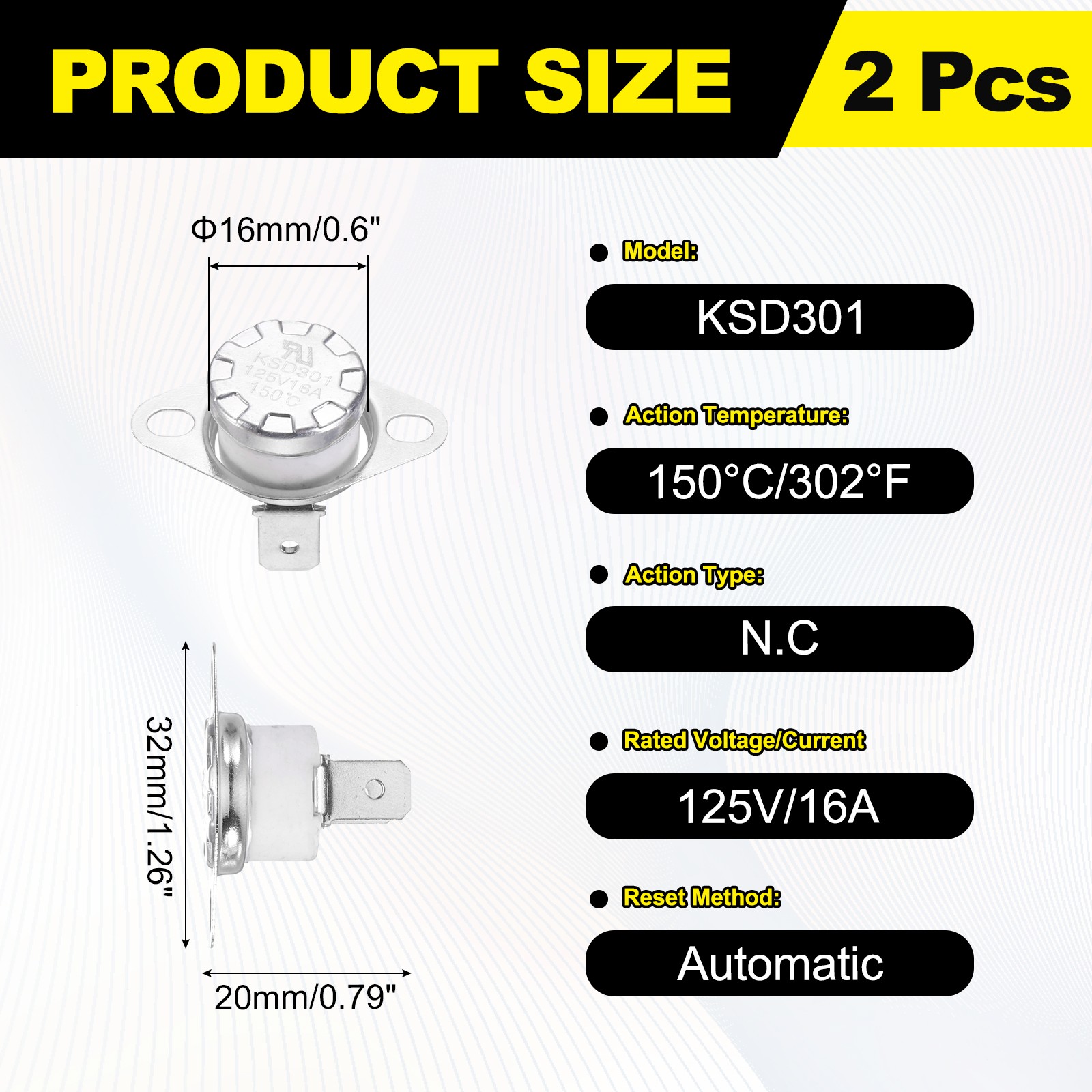 2Pcs KSD301 Thermostat 150°C/302°F 16A Normally Closed N.C Switch Ceramic