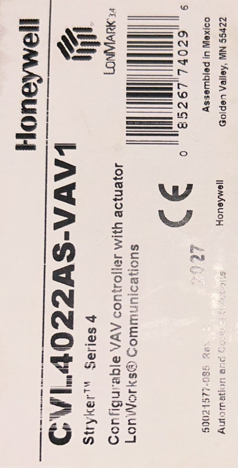Honeywell Stryker Series 4 CVL4022AS-VAV1 VAV Control 24V 2.0A 1 Phase