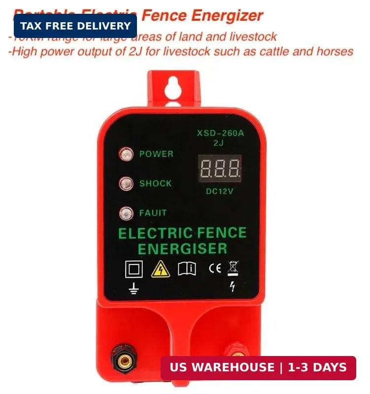 10KM 2J Portable Electric Fence Energizer, Waterproof Fence Charger for Livestoc