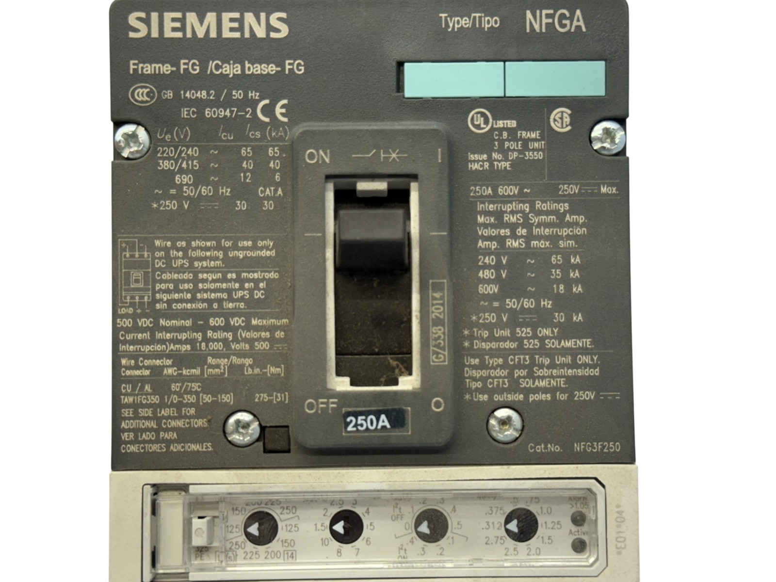 SIEMENS NFG3F250 CFT3T250 TRIP UNIT 250A 3-PHASE 3-POLE 600V 35KA BOLT-ON NEW