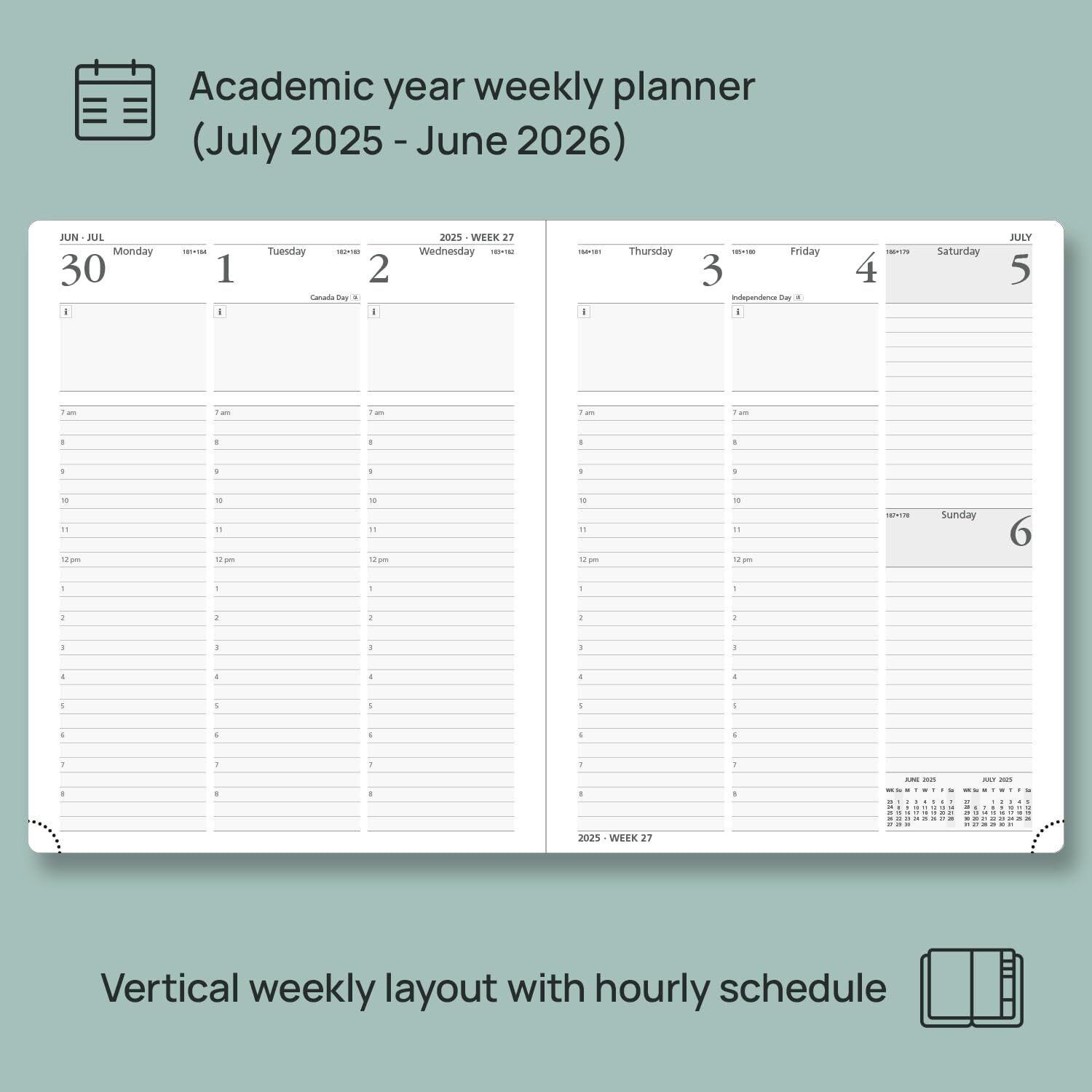 Poprun Vertical Weekly Planner JAN 25 – DEC 25, LARGE 8,5′ x 10,5″ Pacific Green