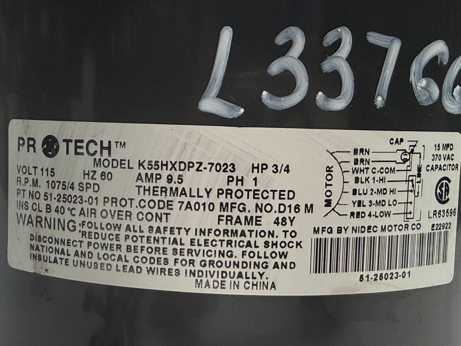 EMERSON K55HXDPZ-7023 Furnace Blower Motor 3/4HP 115V 1075RPM 4SPD 51-25023-01