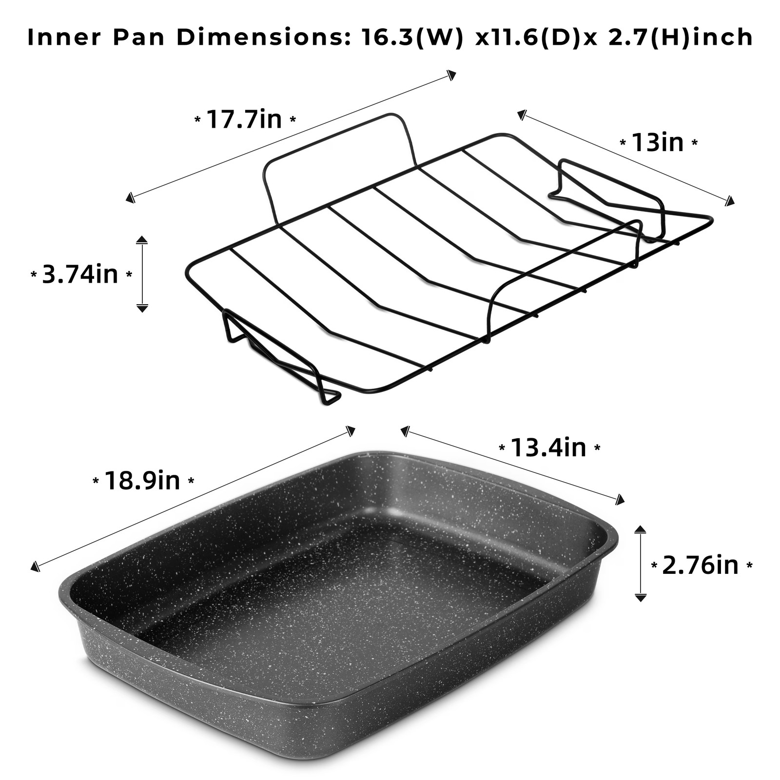 0.5mm Carbon Steel Roaster, 18.9″ Rectangle Speckled Grey Non-Stick Pan with