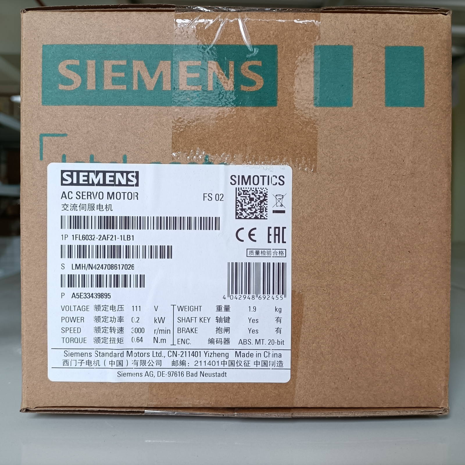 Siemens 1FL6032‑2AF21‑1LB1 0.2kW Low‑Inertia Servo Motor For SINAMICS V90 Drive