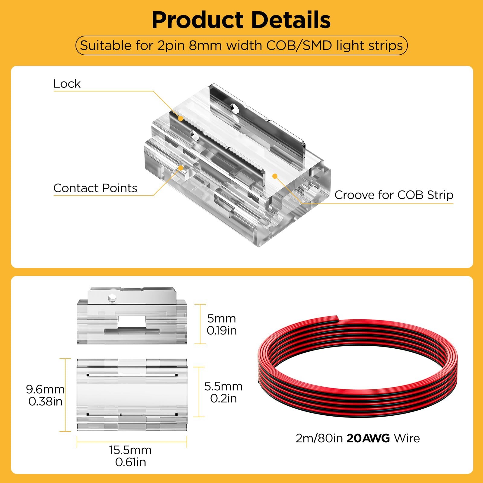 DEIGCYU 20 Pack 8-in-1 LED Strip Connectors with 6.6FT (2m) 20AWG Small