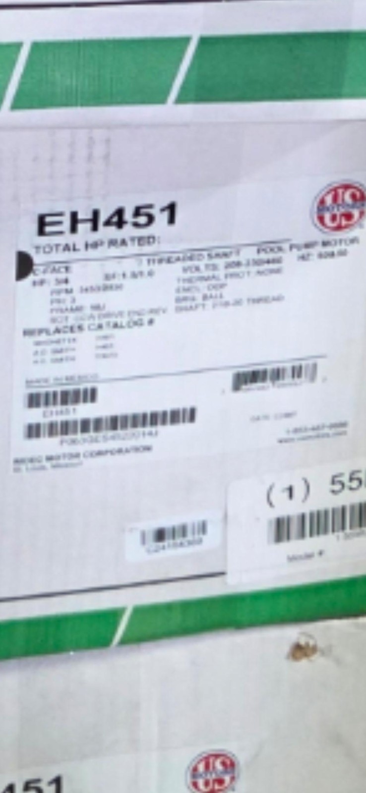 US MOTORS #EH451 #55ML90 C-FACE 7 THREADED SHAFT POOL PUMP MOTOR BOX BRAND NEW