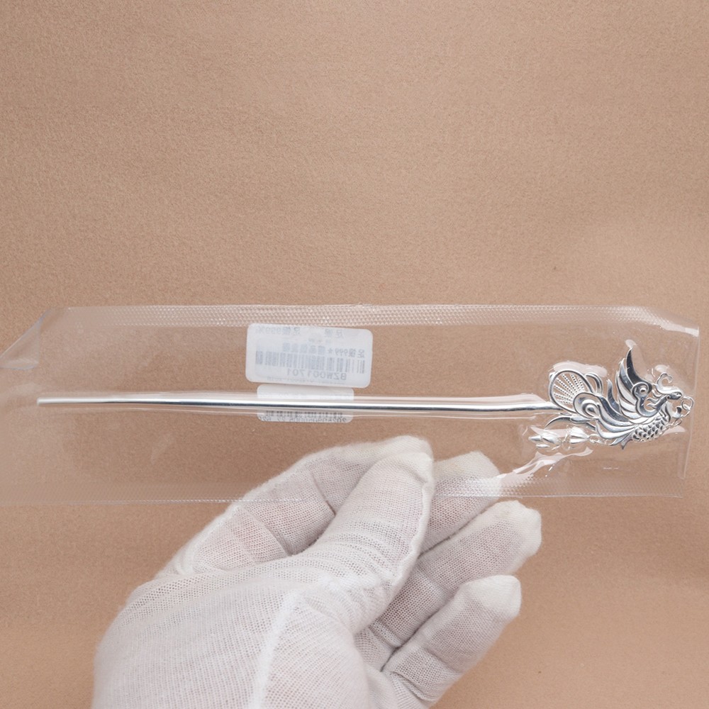 Pure S999 Fine Silver Carved Phoenix Chinese Oriental Hairpin 22.5-23g 6.4inch