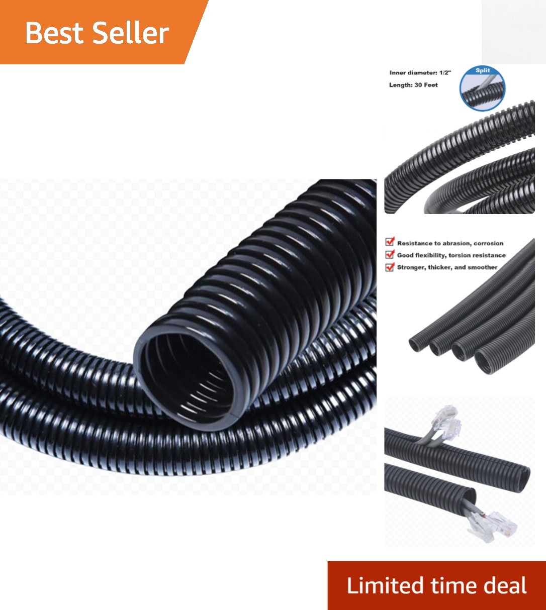 30 FT Split Wire Loom Tubing – 1/2” Black Pet Safe Cable Protector & Organizer