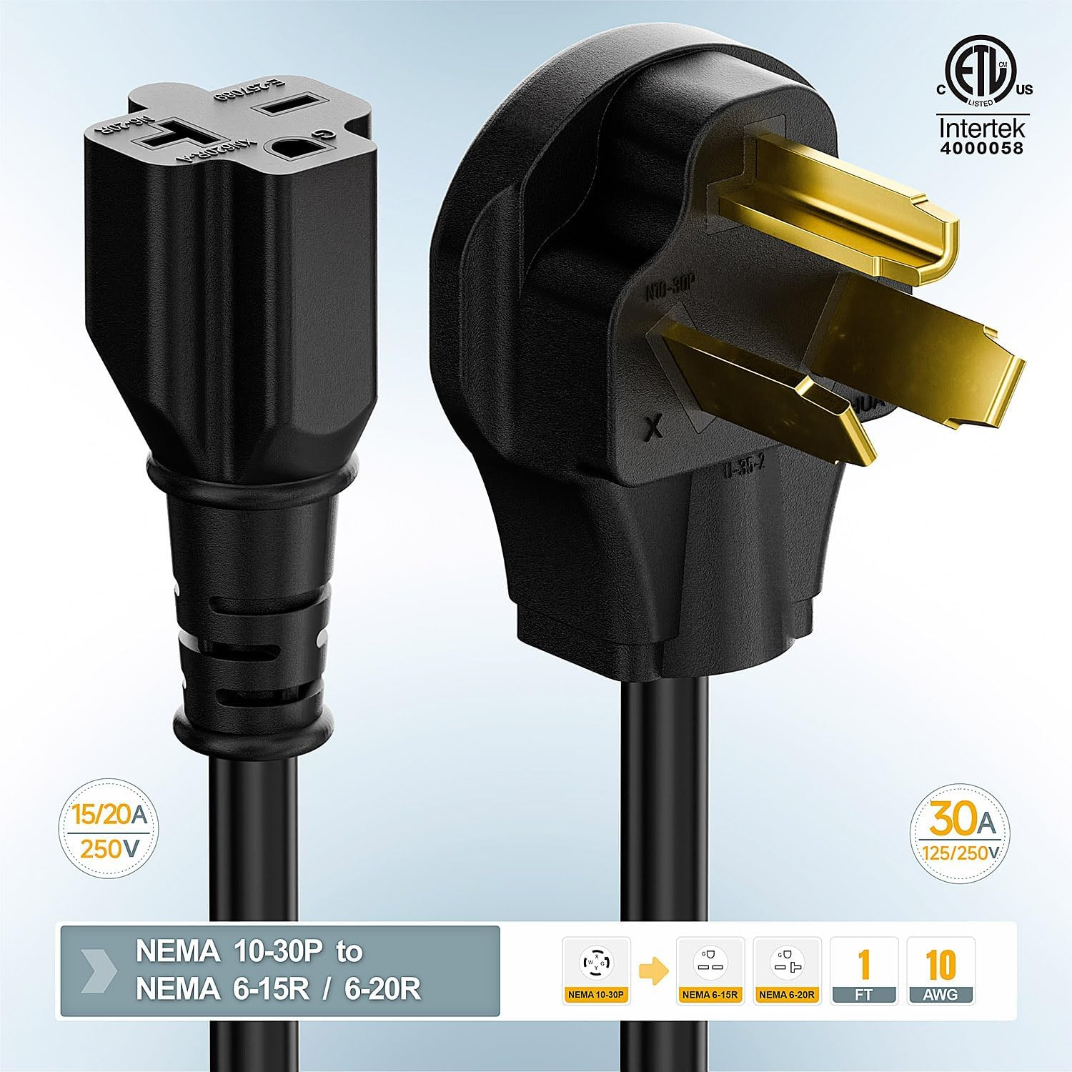 Nema 10-30P to 6-20R Dryer Plug Adapter 30A 125/250V to 20A 250V 12AWG 1FT