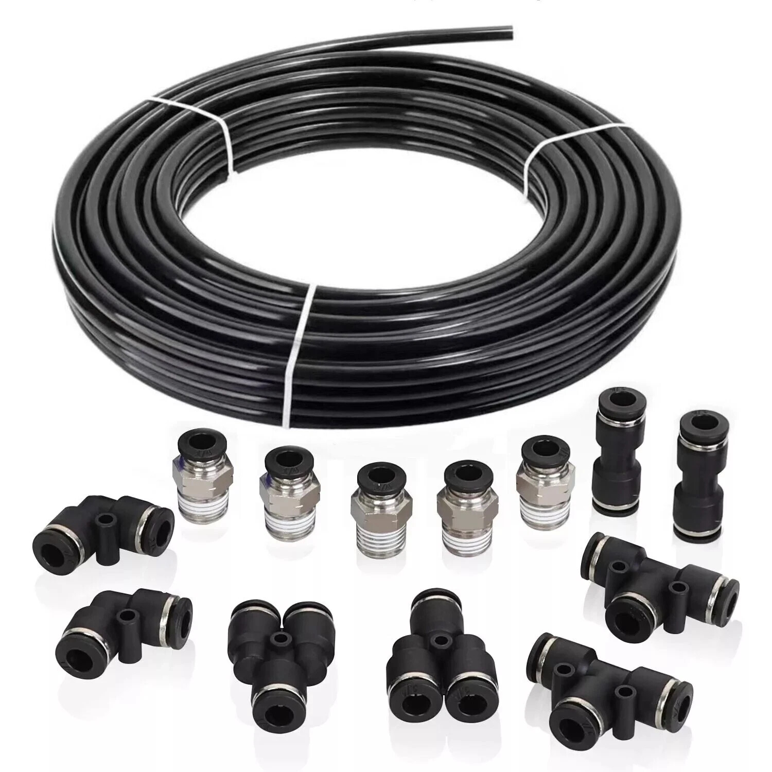 Air Line Tubing Kit 1/4» OD 50ft Nylon Hose 1/4» NPT Push to Connect Fittings