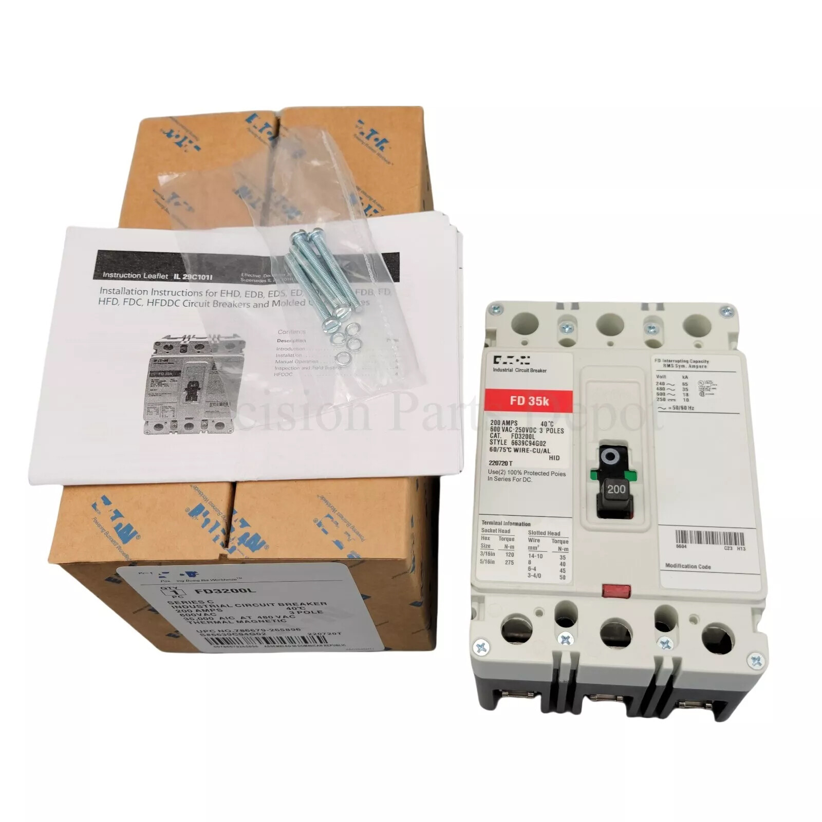 Industrial Circuit Breaker FIT FD35K 200AMP 3 POLE CAT FD3200L Cutler Hammer