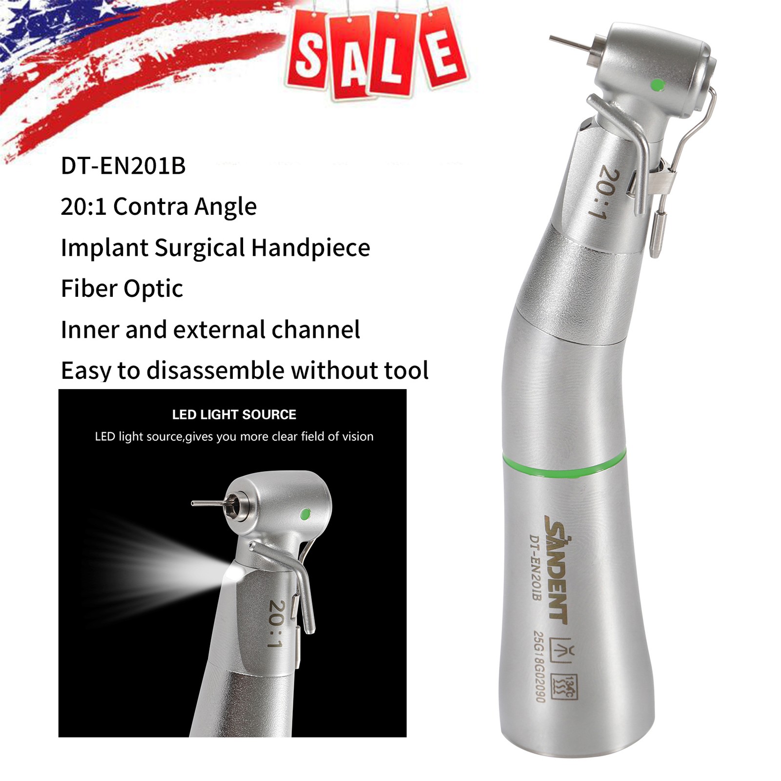 LED SANDENT 20:1 Contra Angle Fiber Optic Electric Handpiece External Spray