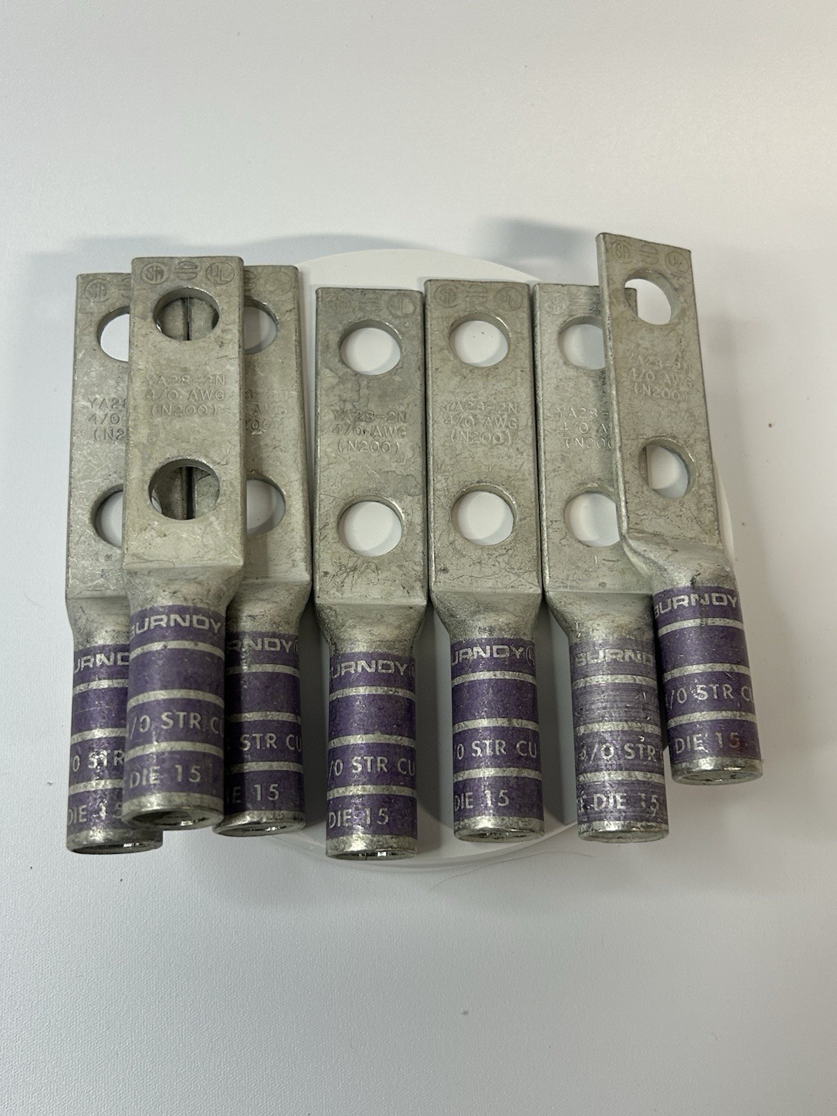 Lot of 7 Burndy YA28-2N 4/0 AWG Copper Compression Lugs 2-Hole Purple Die 15