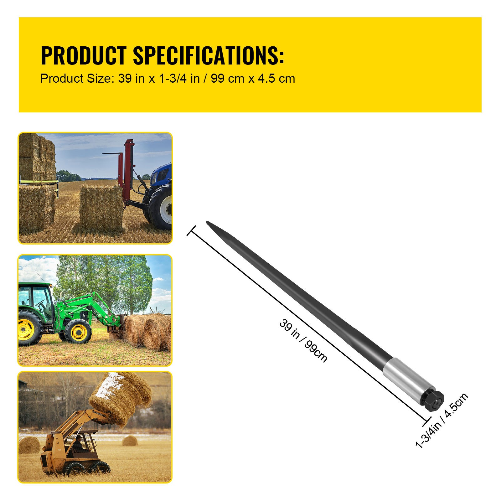 VEVOR Square Hay Bale Spear 39″ 3600 lbs Capacity Spike Fork Tine for Tractors