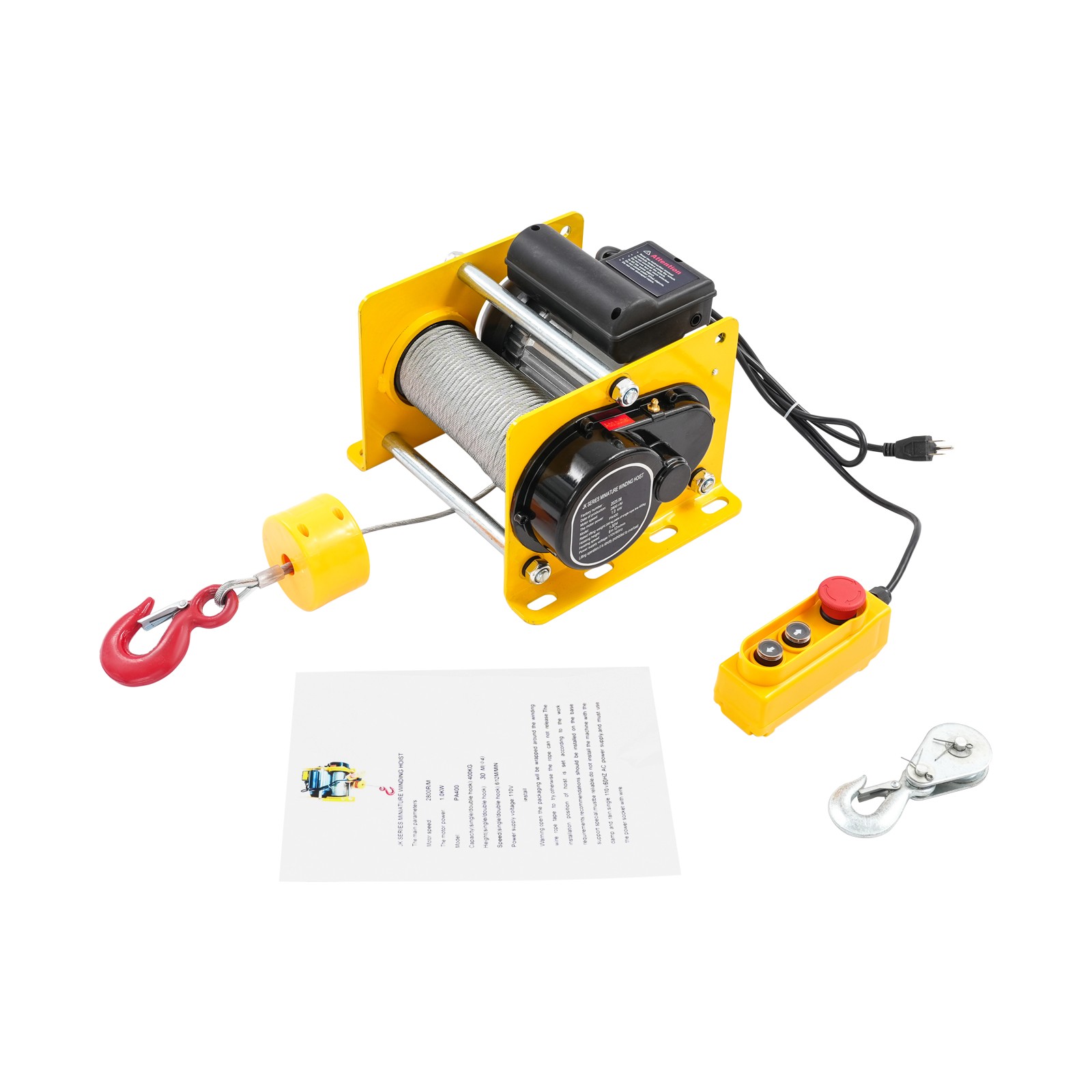 Electric Hoist Winch 881LBS for Lifting or Towing, Wire Rope 30m, Yellow, 1000W
