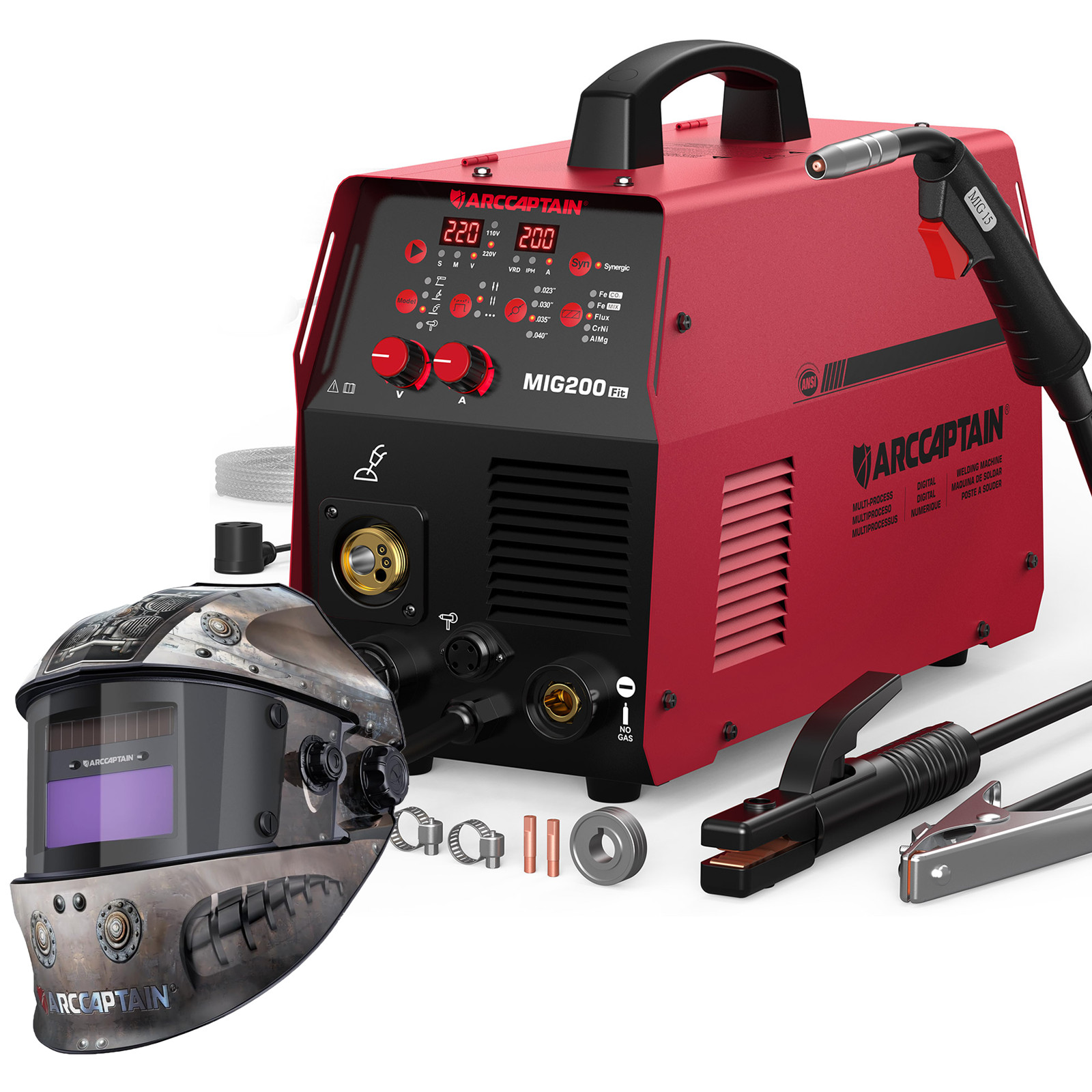 ARCCAPTAIN 200A Aluminum MIG Welder 6 in 1 Multiprocess Welder & Welding Helmet
