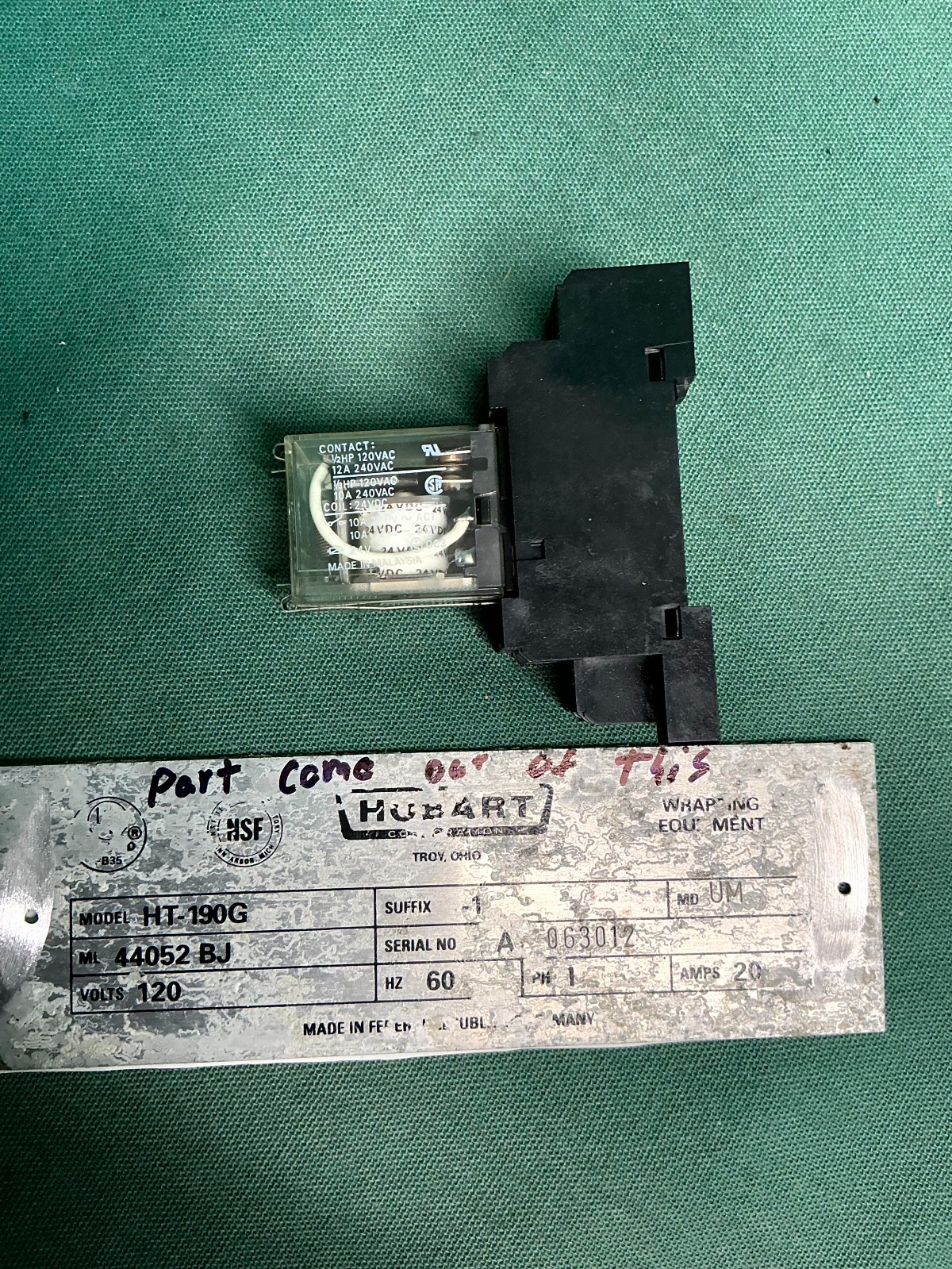 Hobart HT-190G Wrapping Machine Power Relay 24VDC Max 15A 240V ML-44052 OEM Part