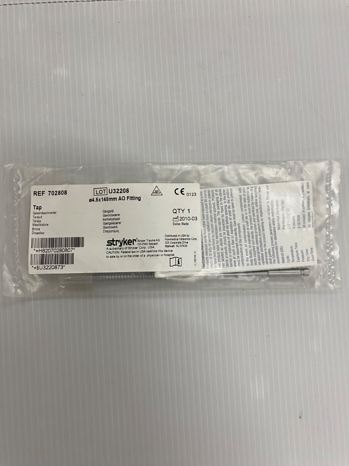 Stryker 702808 Orthopedic Driver Blade AO Fitting 4.5 x 145 mm Swiss Made NEW