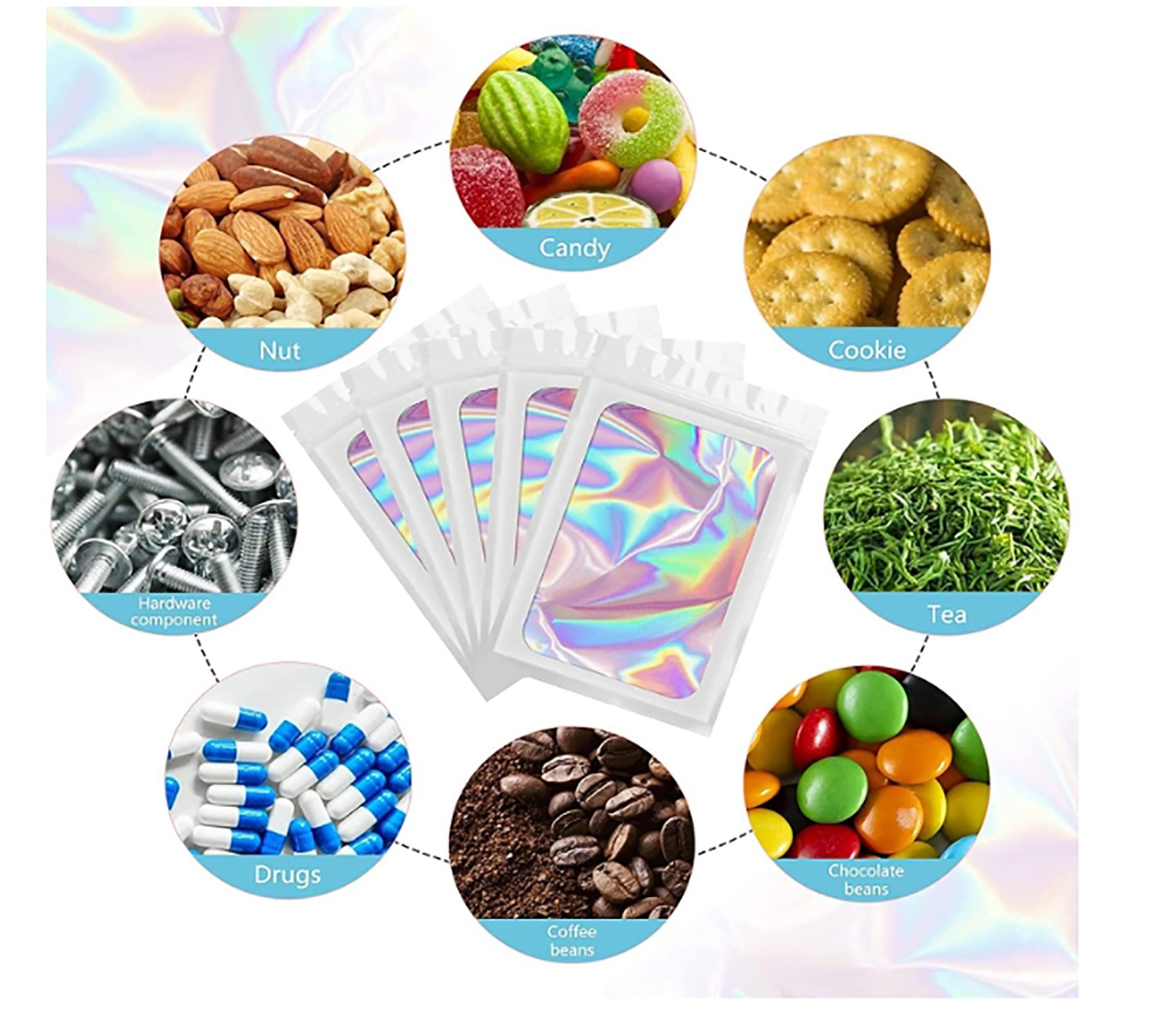 100-200Pcs Resealable Holographic Mylar Foil Bags Smell Proof Zip Seal Pouches