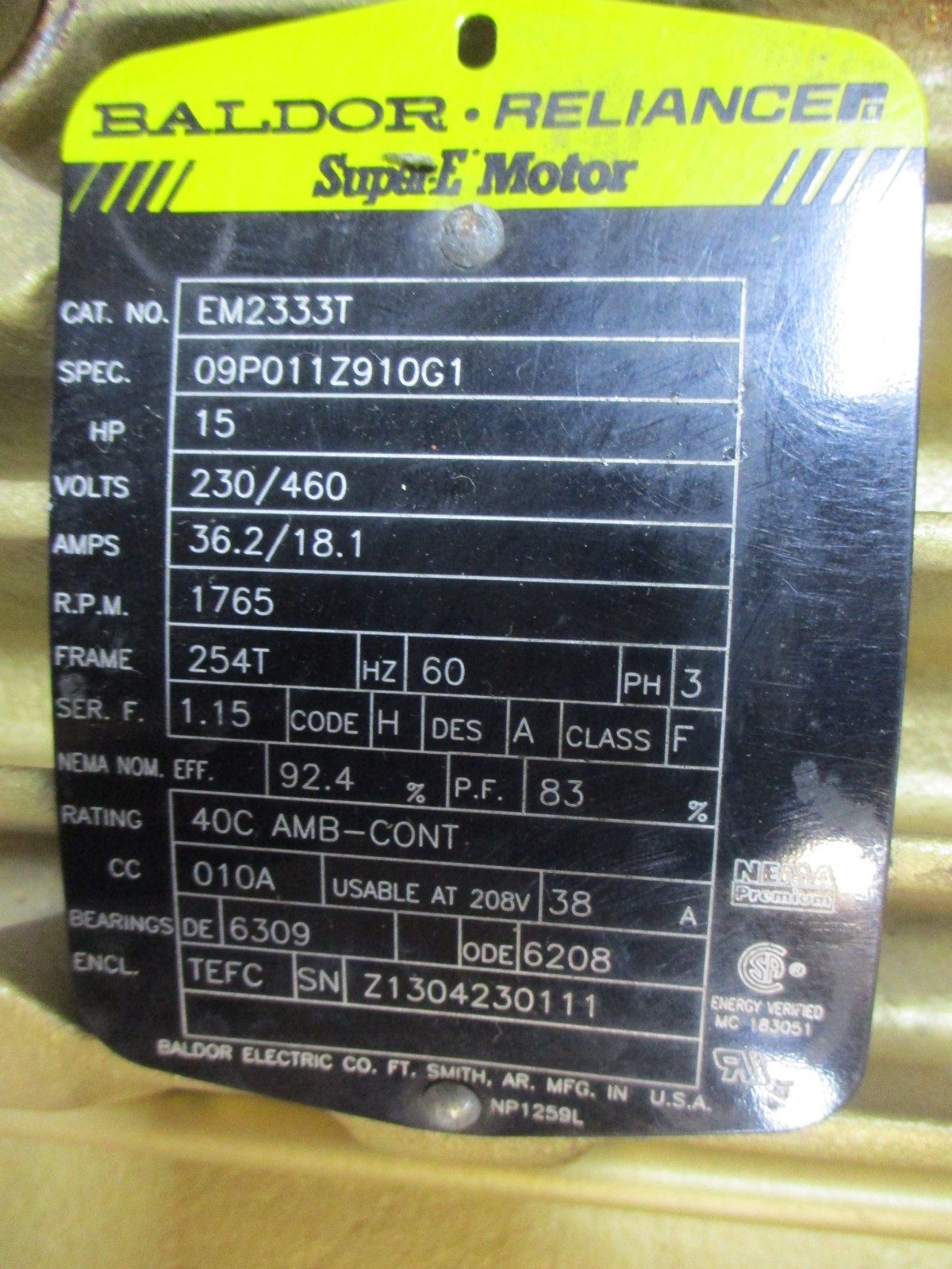Baldor Reliance EM2333T SuperE Motor 15HP 3PH 254T 1765RPM 230/460V 53531HM