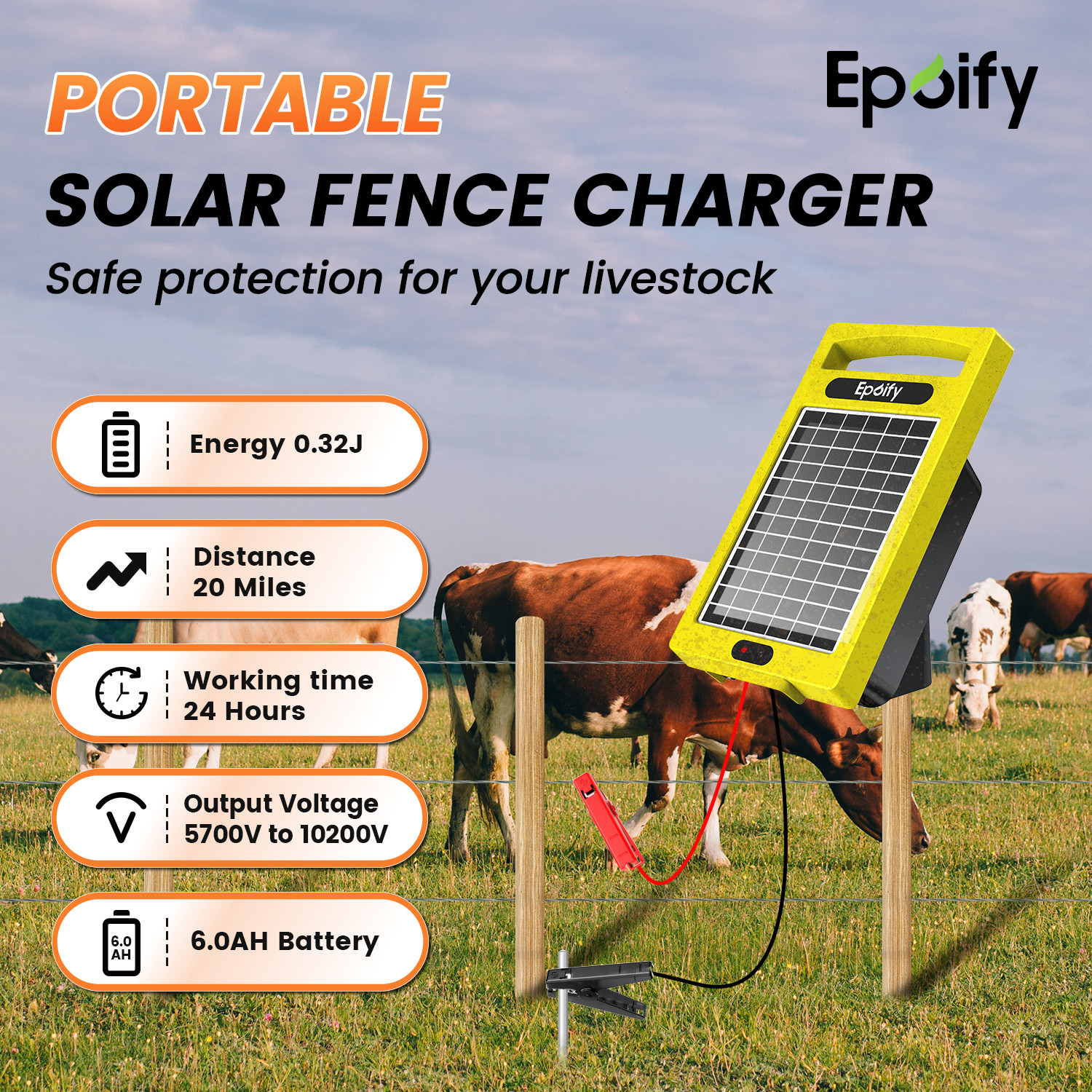 Electric Fence Charger Solar Powered 20 Miles 0.32J Livestock Energizer 24 Hour