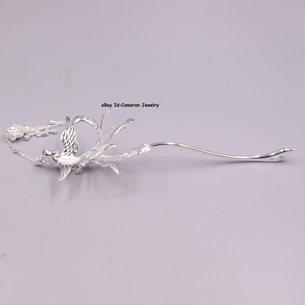 Pure S999 Fine Silver Hairpin Daily Carved Phoenix Hair Stick 24-25g 5inch