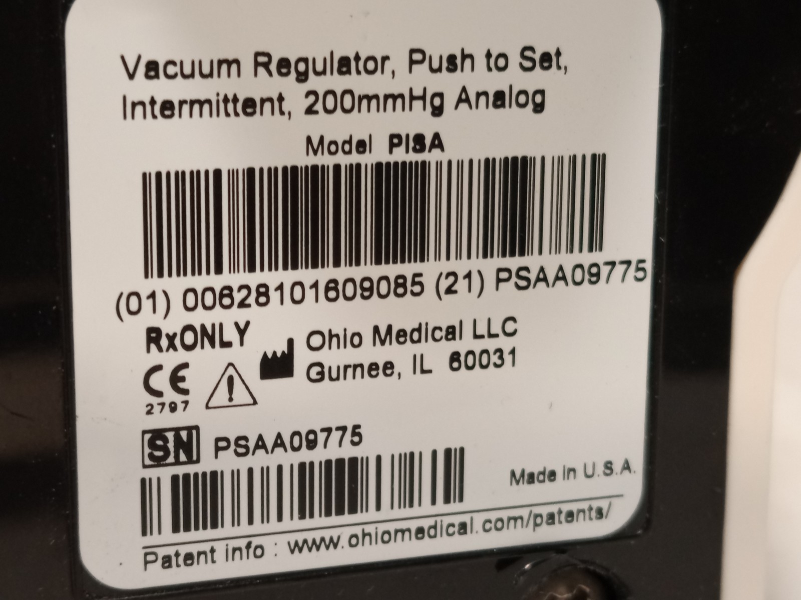 Ohio Medical P18A vacuum regulator intermittent 200mmHg analog as shown