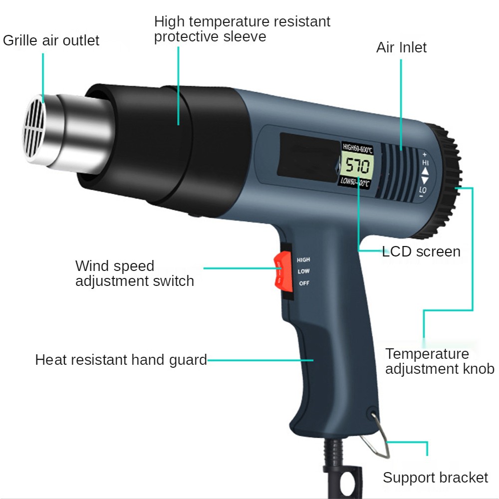 2500W Heat Gun Electric Hot Air Gun Dual Temperature LCD Display 4 Nozzles 110V