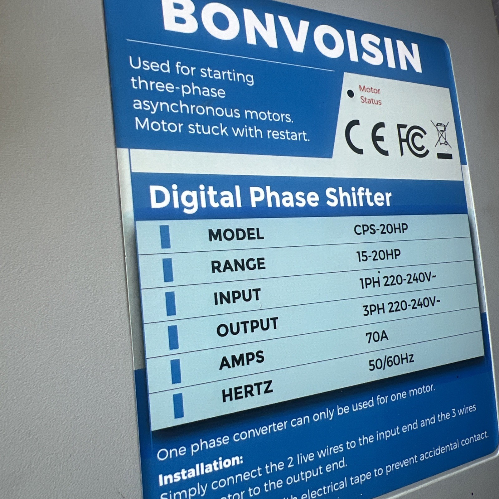 Bonvoisin Single Phase to 3 Phase Converter 20HP Digital Phase Shifter CPS-20HP