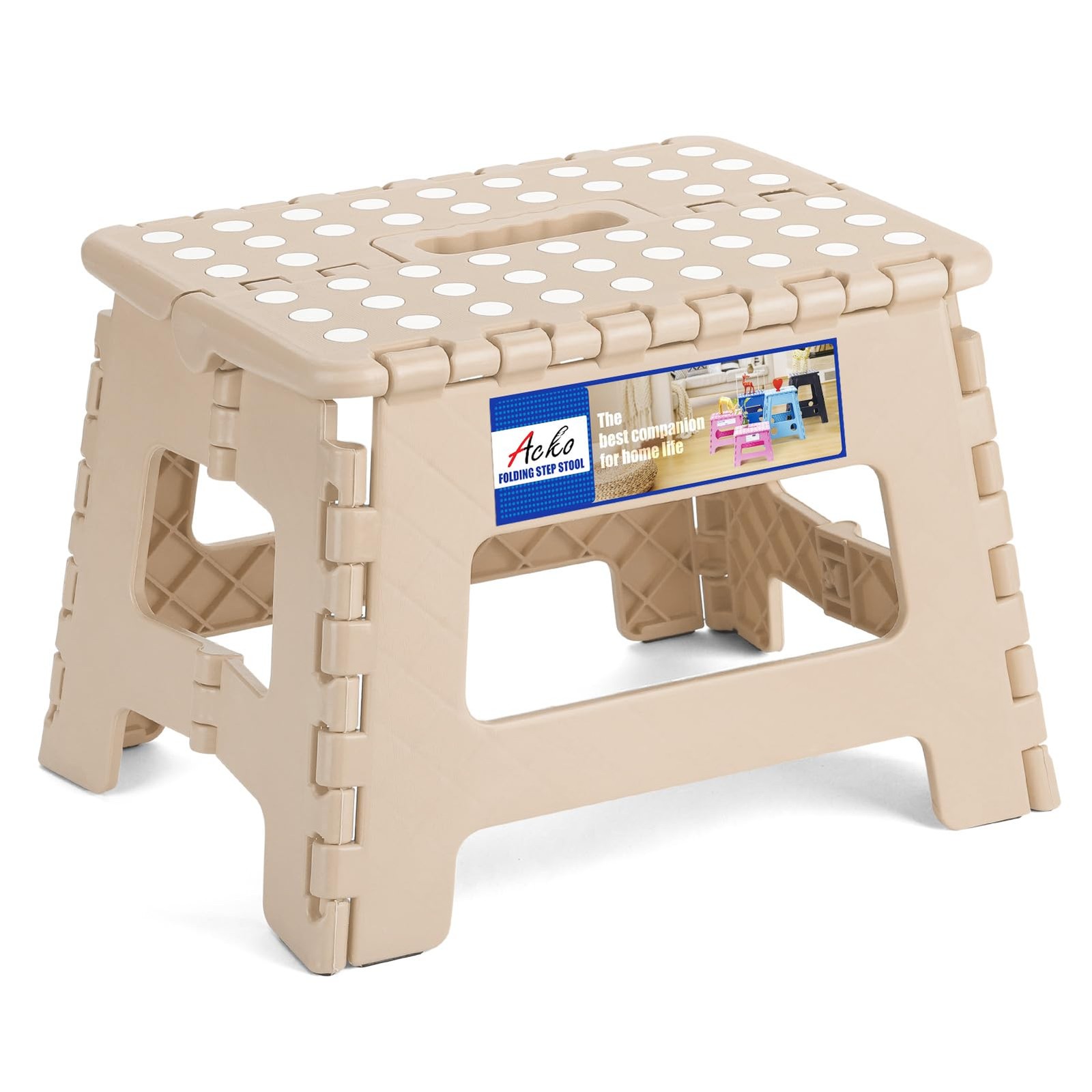 ACKO Folding Step Stool 9 Inch 300 lb Capacity, Plastic 9 Inch, Khaki