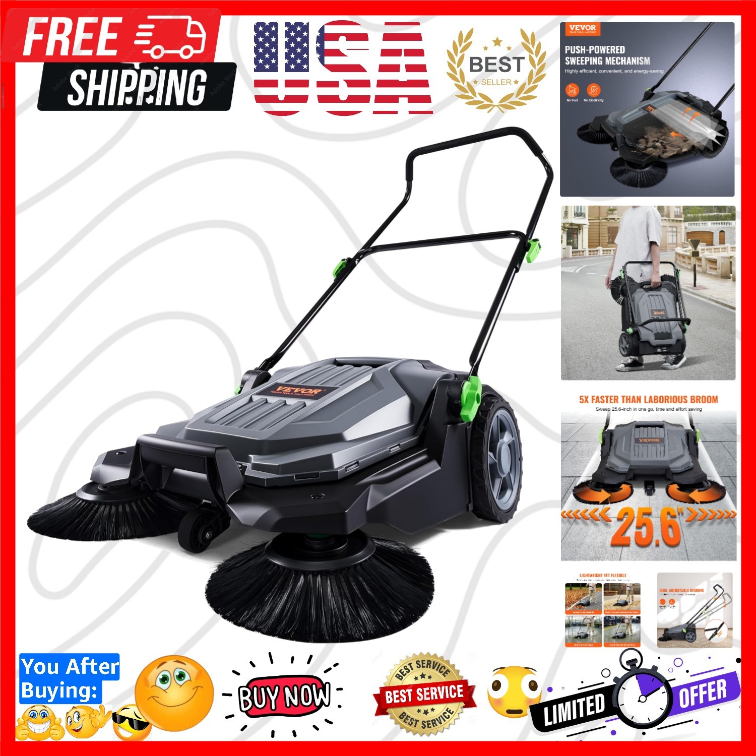 Walk-Behind Hand Push Floor Sweeper, 25.6″ Sweeping Width Floor Sweeper Manua…