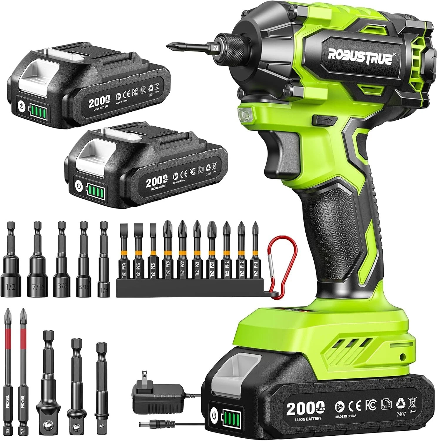 Brushless Impact Driver Drill Set, 20Psc Screwdriver Bits 2.0 Ah Variable Speed.