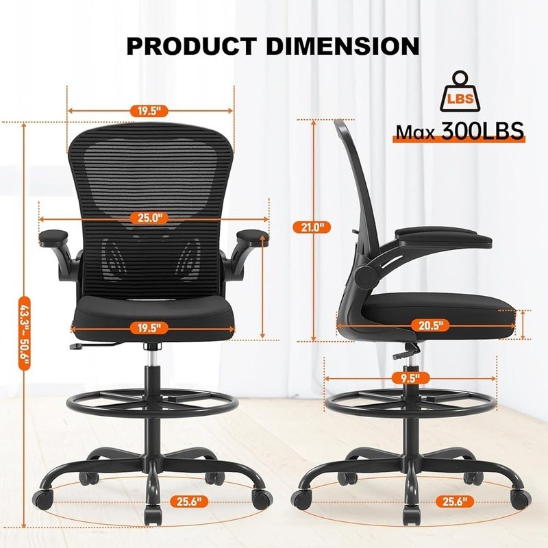 Ergonomic Drafting Chair Adjustable Lumbar Support Flip-up Armrests Footrest