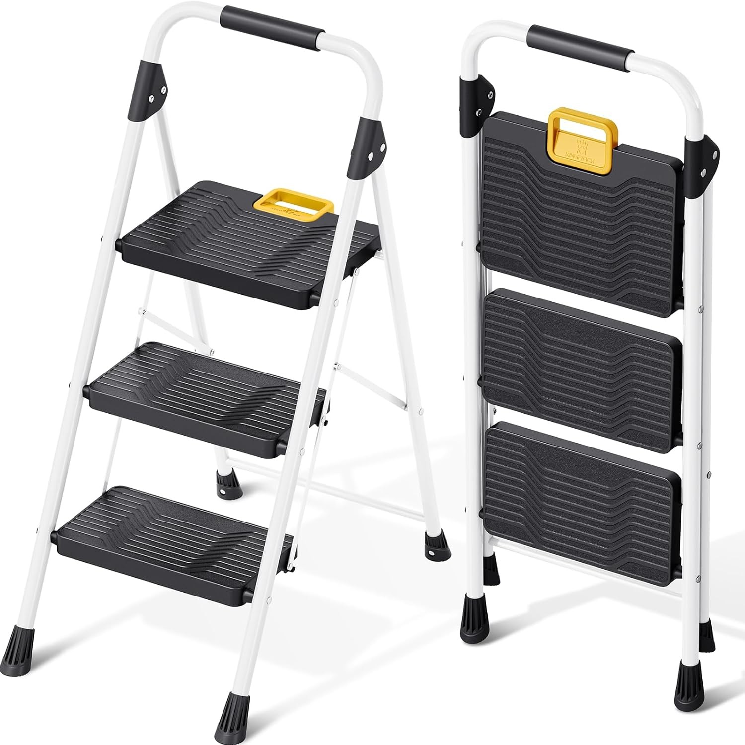 KINGRACK 3 Step Folding Ladder, 800lbs Capacity Stool with 3-STEP, White